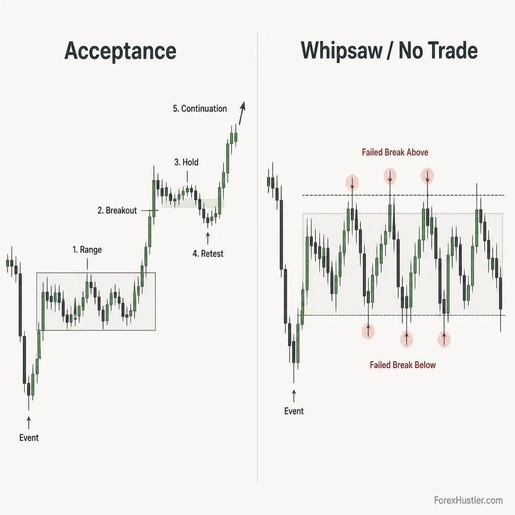 Comparison chart contrasting clean range acceptance with unstable whipsaw price action after a news release