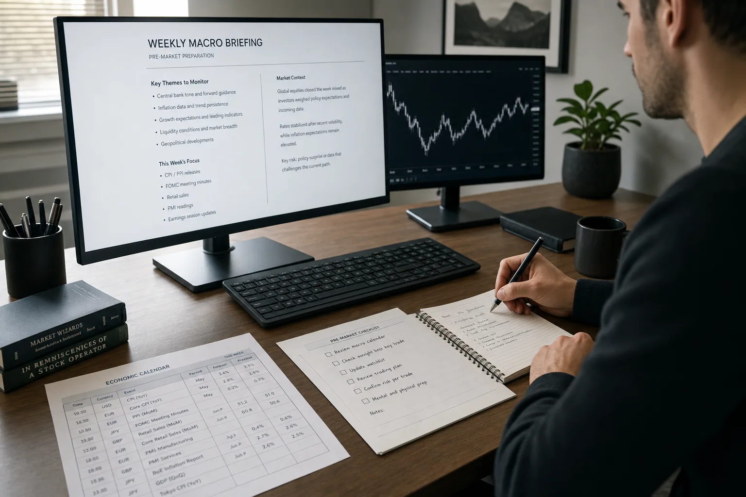 Trader at a clean desk reviewing a weekly macro briefing on one screen and handwritten trade rules on paper, with economic calendar notes nearby