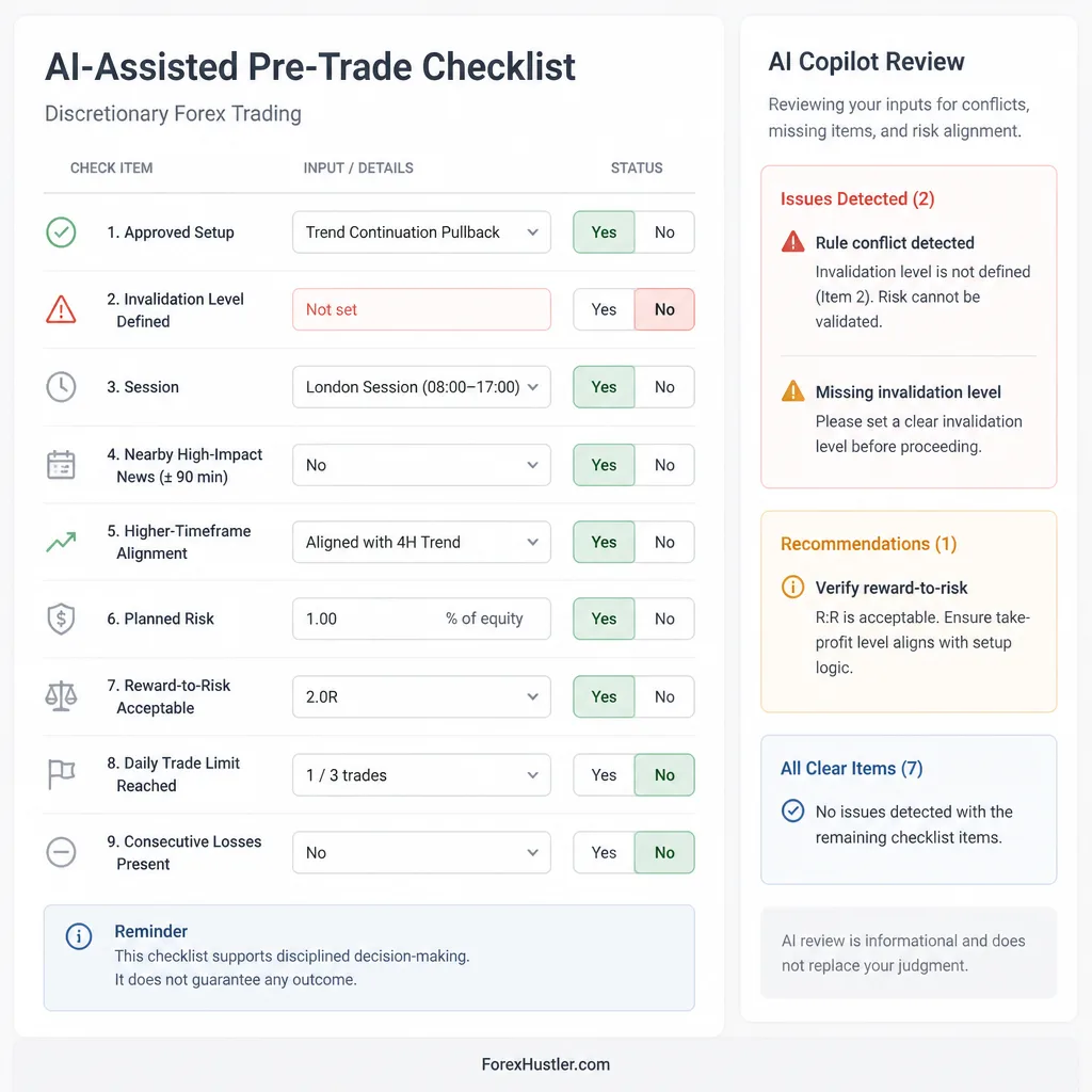Pre-trade checklist panel with yes-no fields for setup validity, risk, session, news, and trade limit, reviewed by an AI copilot
