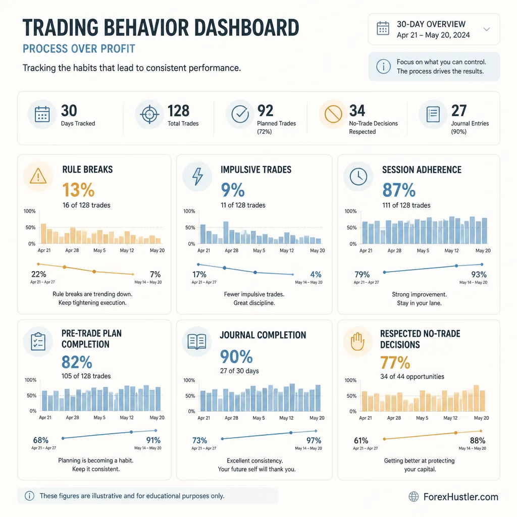 Behavior tracking dashboard mockup showing rule breaks, impulsive trades, session adherence, plan completion, and no-trade discipline over four weeks