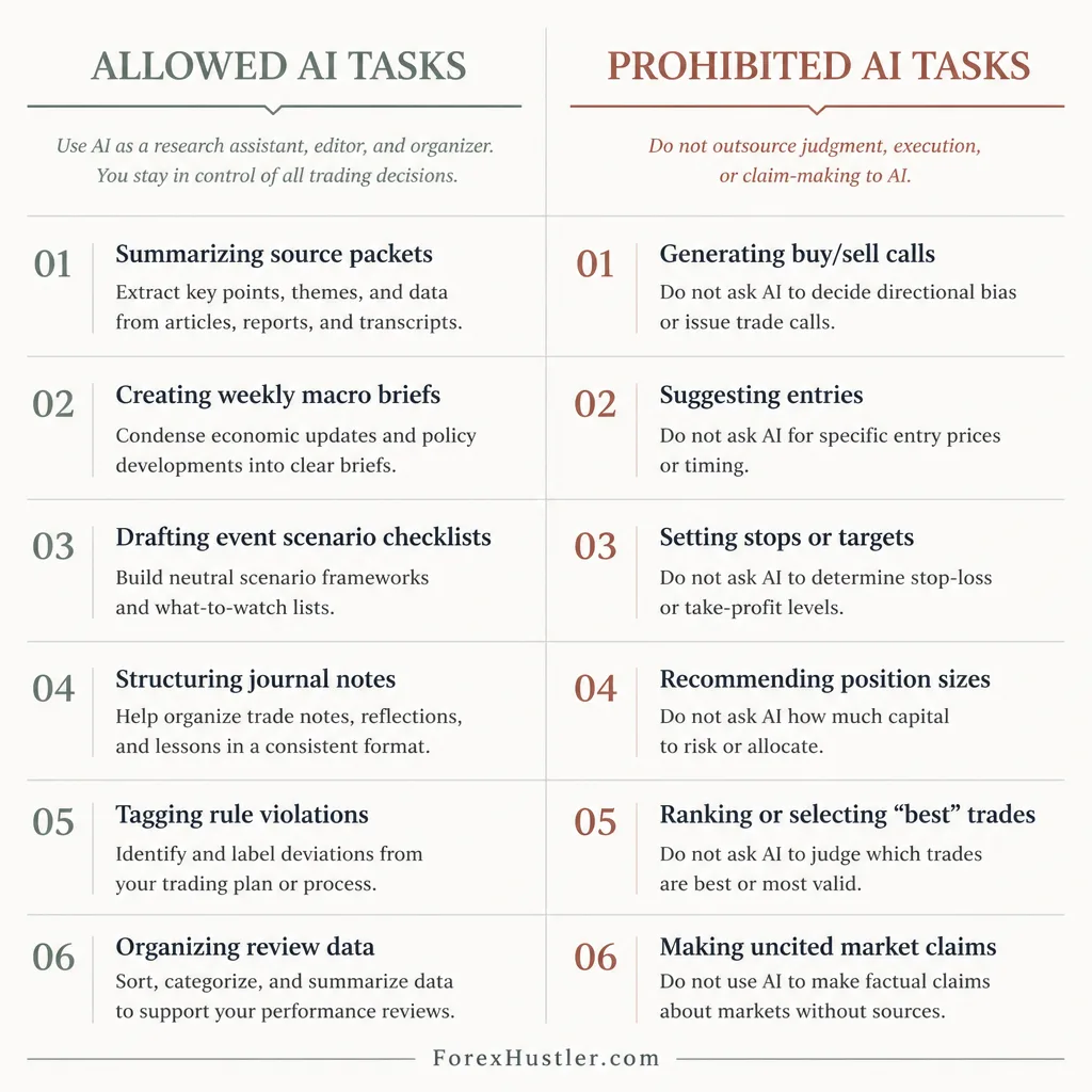 Comparison table visual contrasting safe AI process tasks with prohibited signal-generation tasks in trading
