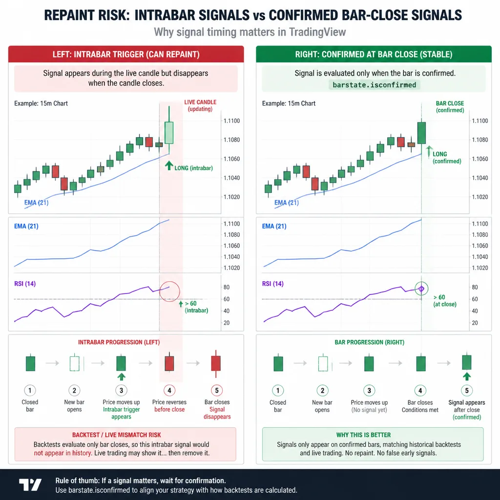 Side-by-side chart comparison of intrabar signal that disappears versus confirmed bar-close signal that remains stable