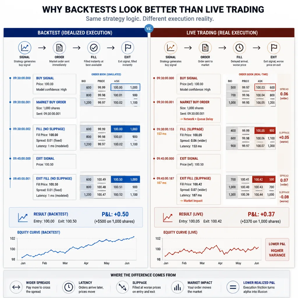Side-by-side comparison of a backtest fill path and a live execution path, with the live path showing spread widening, delayed fills, slippage, and a weaker resulting equity curve.