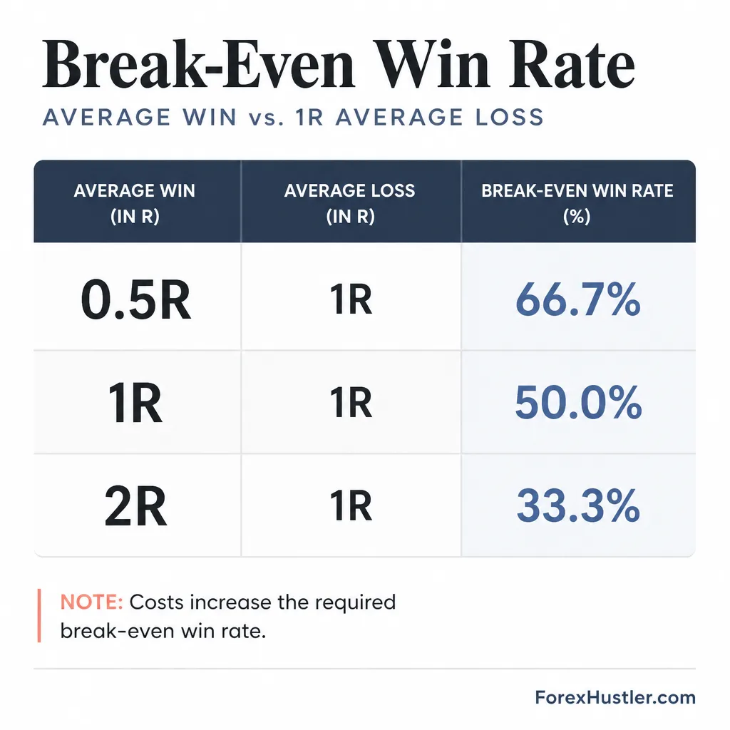 Simple table-style visual comparing break-even win rates for average wins of 0.5R, 1R, and 2R against a 1R loss, with a note that costs raise the required win rate.