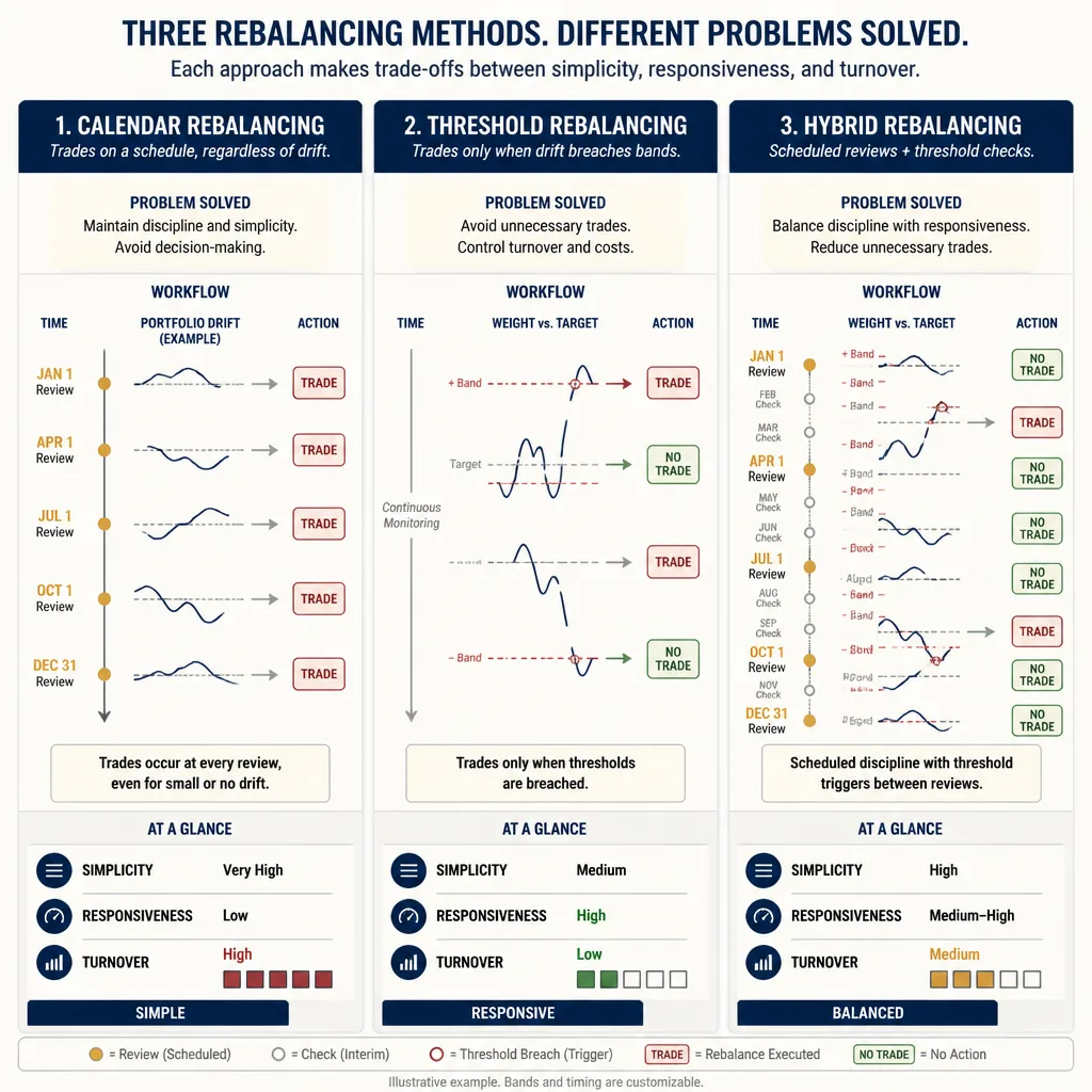 Workflow diagram comparing calendar rebalancing, threshold rebalancing, and a hybrid method, with paths for review dates, drift checks, and trade decisions