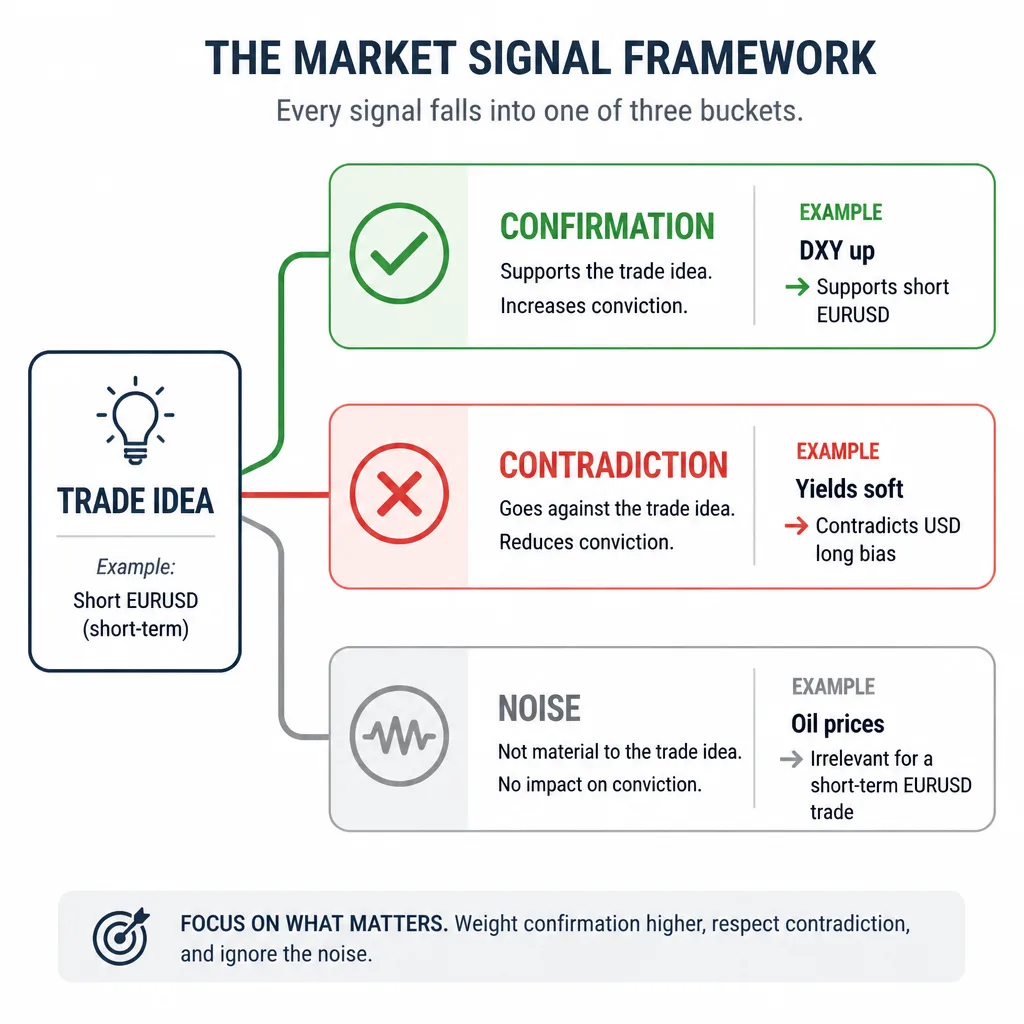Simple three-state framework showing confirmation, contradiction, and noise for using market proxies in forex trades