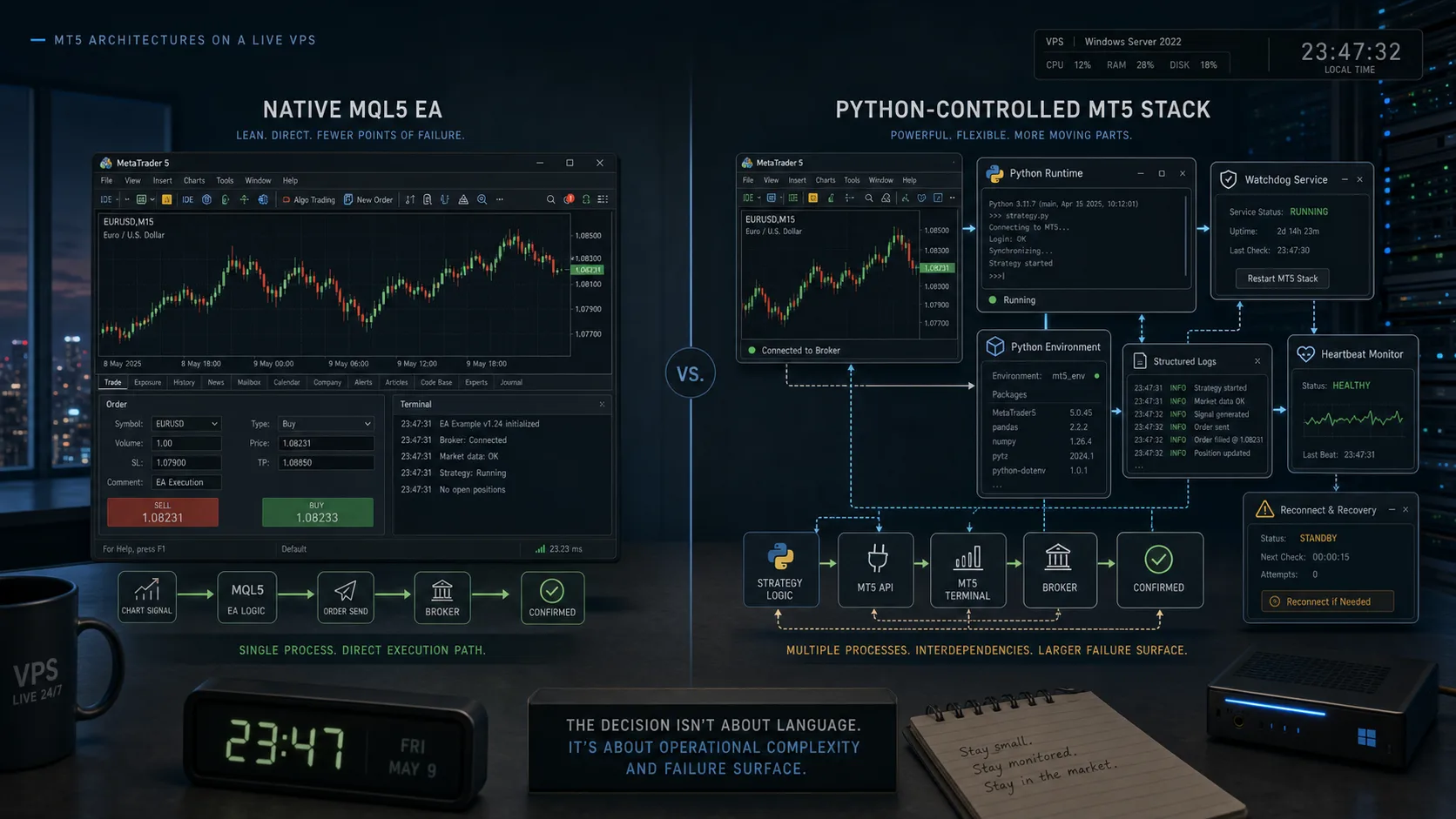 MT5 Python API vs MQL5 EA: Reliability, Latency, Deployment, and Debugging Tradeoffs