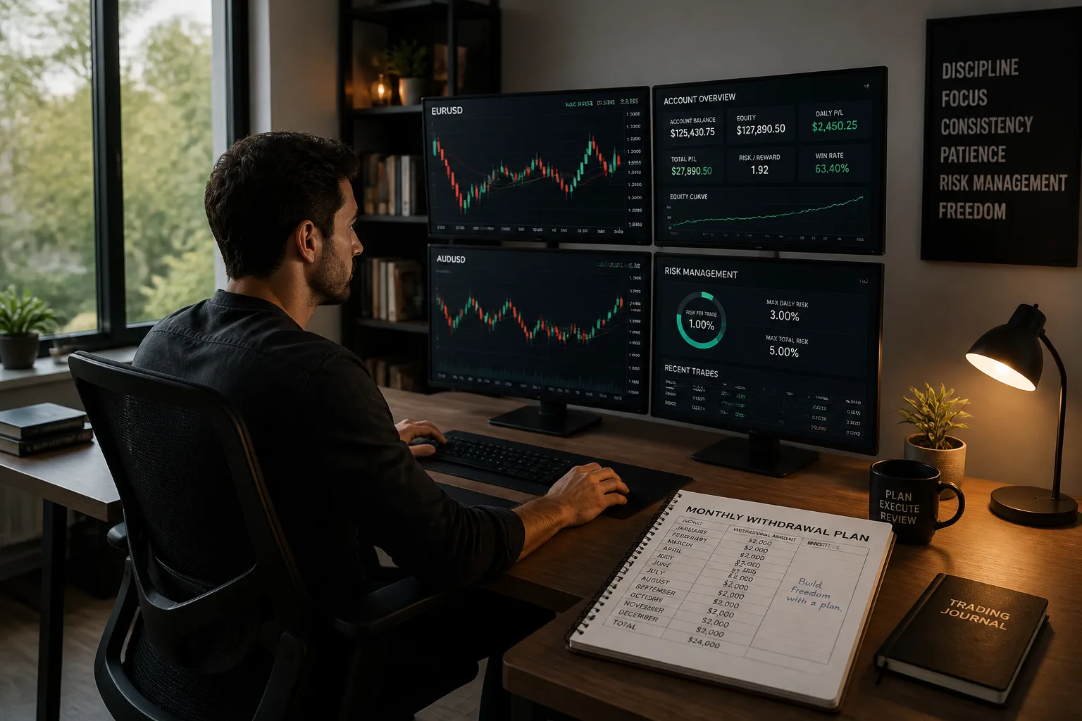 Side-by-side conceptual comparison of growth-focused trading and income-focused trading shown as two portfolio paths