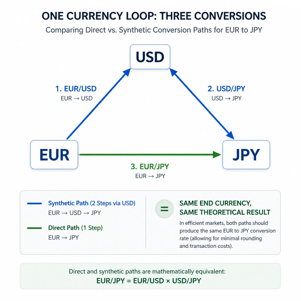 Diagram showing EUR converting to JPY by two routes: directly through EUR/JPY and indirectly through EUR/USD then USD/JPY.