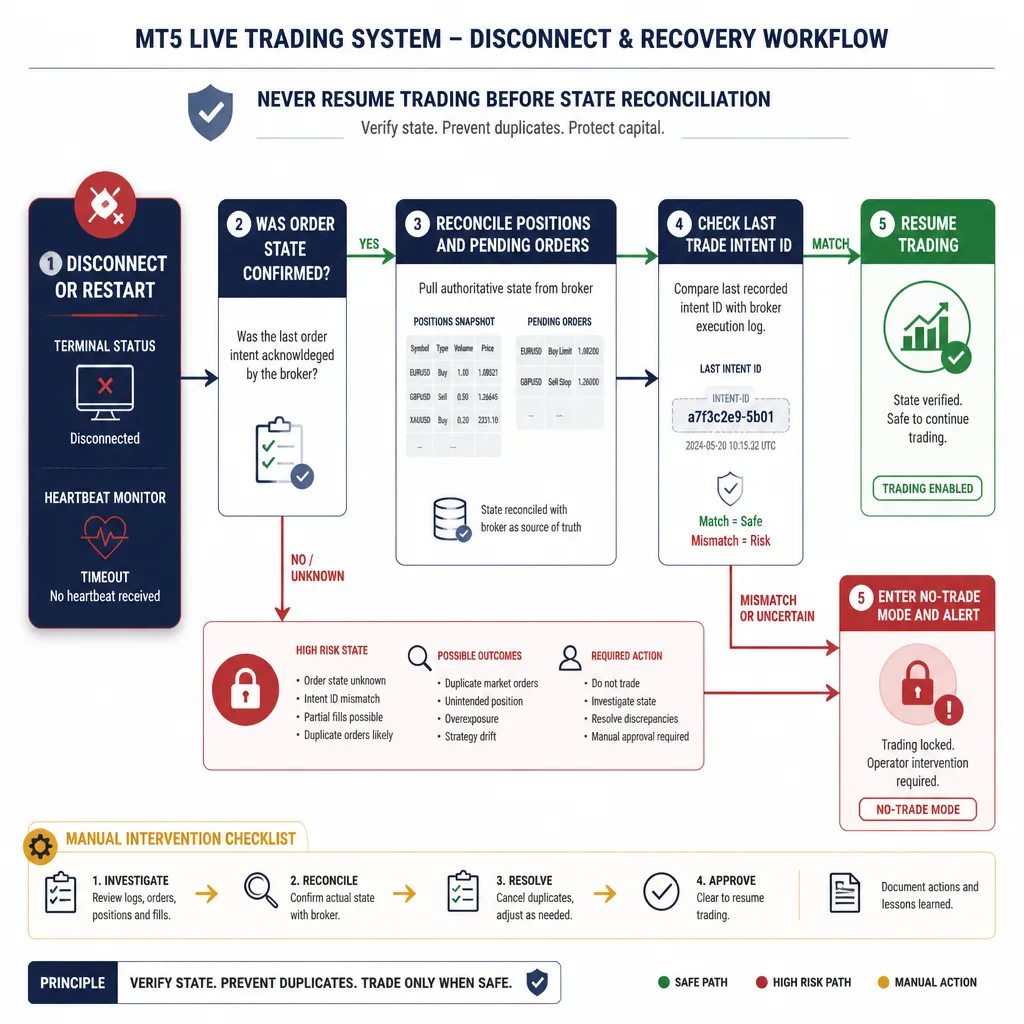 Failure-mode workflow showing broker disconnect leading to reconnect checks, state reconciliation, duplicate-order prevention, and either safe resume or no-trade mode.