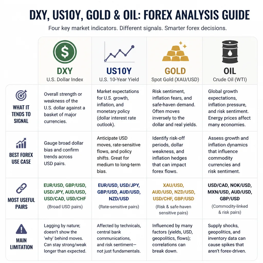 Comparison table graphic summarizing what DXY, US10Y, gold, and oil usually represent for forex traders