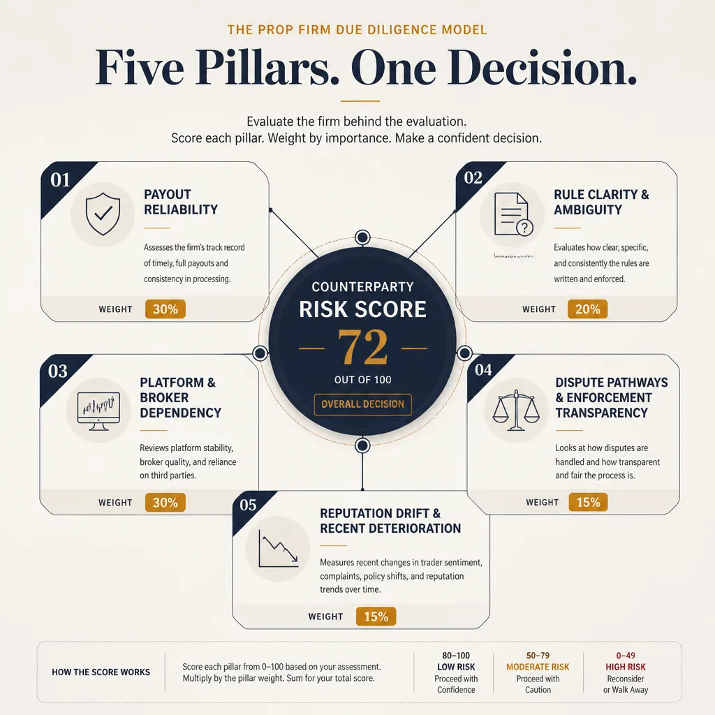 Framework graphic showing five due diligence pillars arranged around a central prop firm counterparty score, with weighted categories for payouts, rule clarity, infrastructure, disputes, and reputation drift.