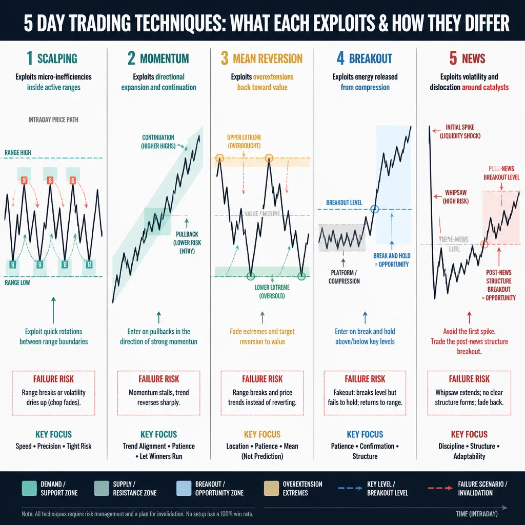 Side-by-side market structure comparison of scalping, momentum, mean reversion, breakout, and news trading on simplified intraday price paths