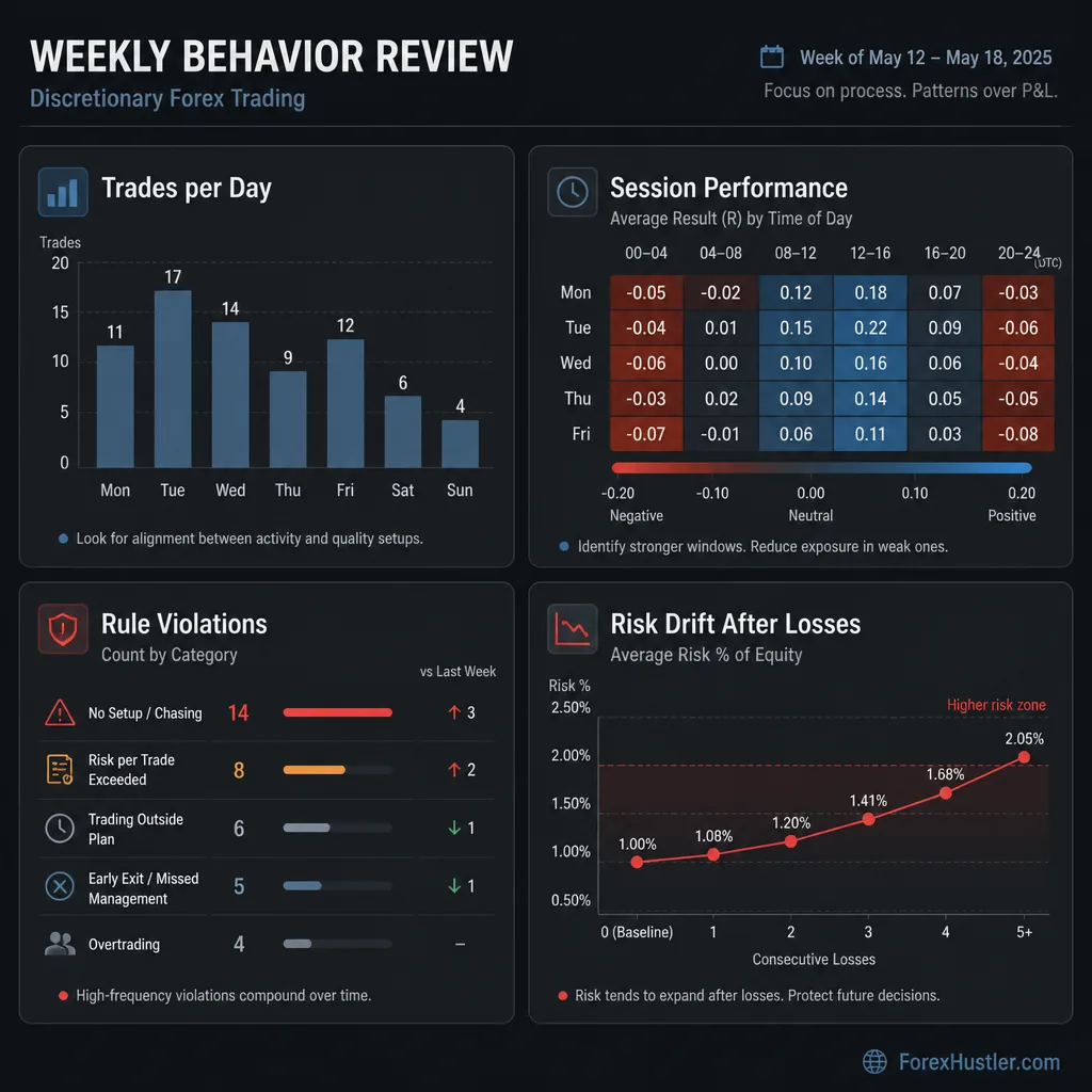 Behavior review dashboard showing trades per day, time-of-day results, rule violations, and risk drift after losses