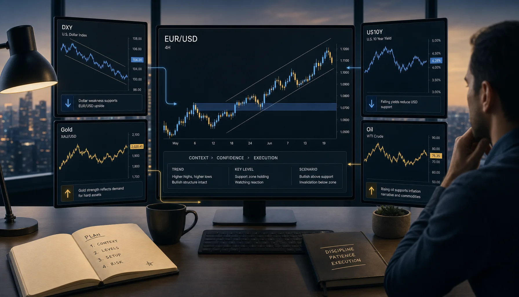 Trading desk screen showing EUR/USD chart alongside DXY, US 10-year yield, gold, and oil panels connected as a simple pre-trade correlation dashboard