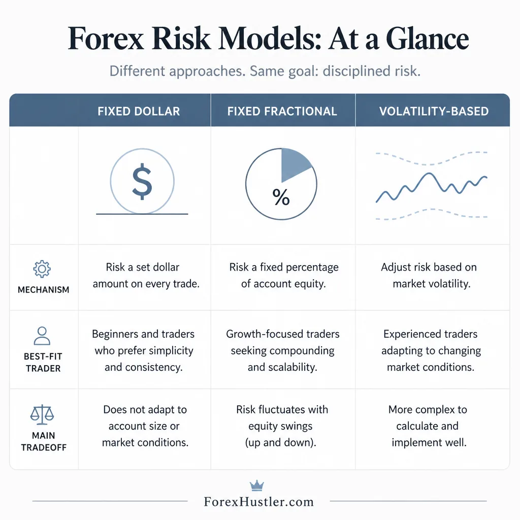 Comparison diagram showing three forex risk models: fixed dollar, fixed fractional, and volatility-based sizing, with simple tradeoff columns