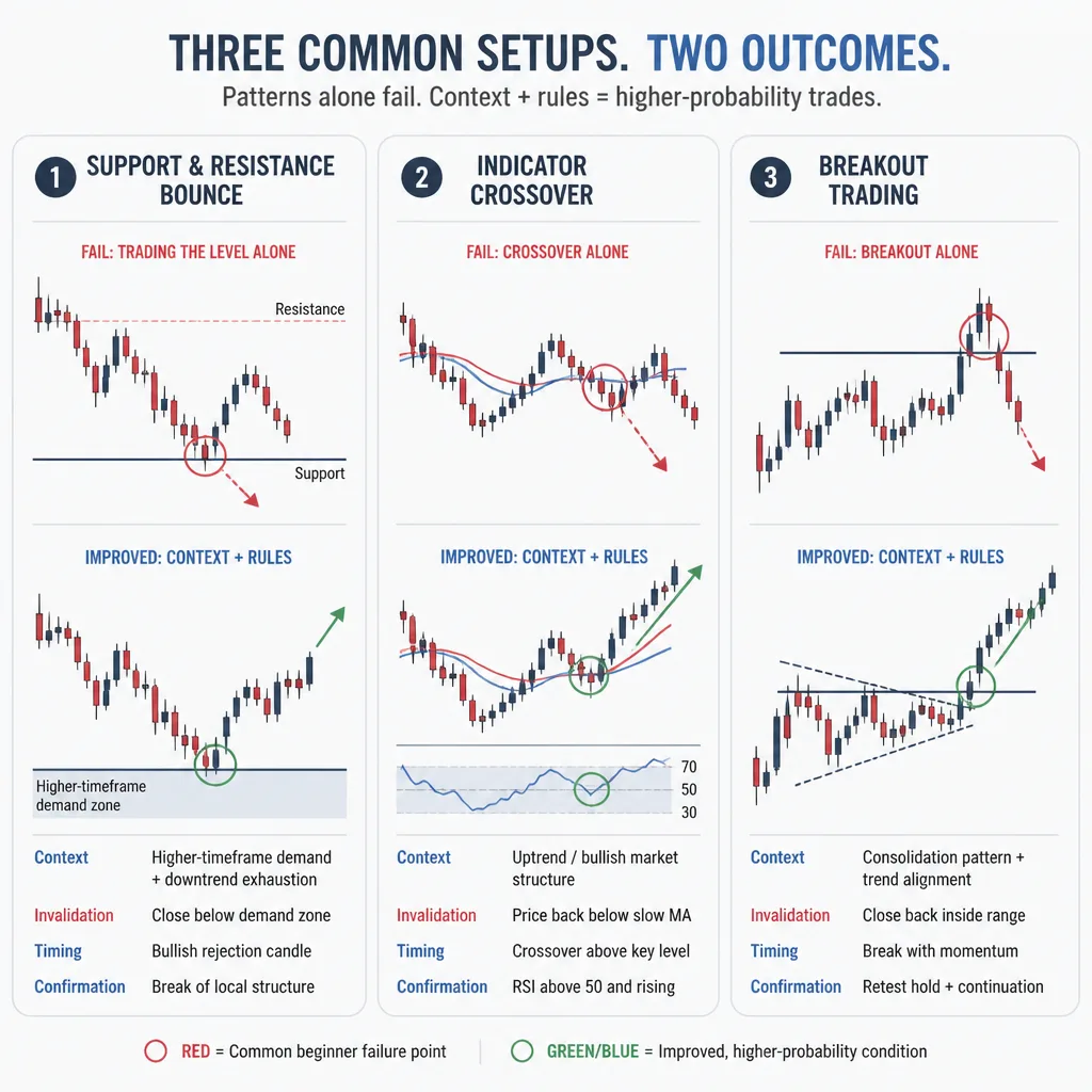 Three-column comparison diagram showing support and resistance bounce, indicator crossover, and breakout setups with failure points and practical filters