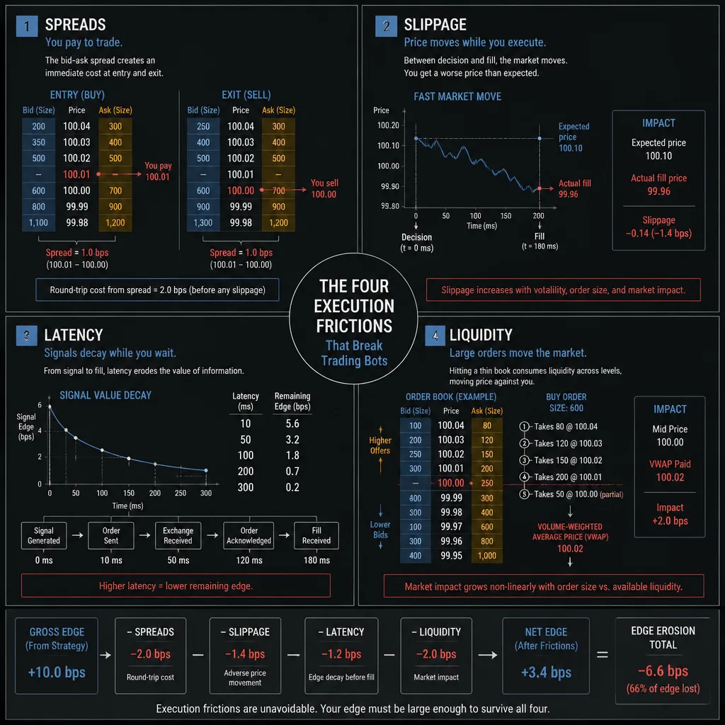Four-quadrant diagram illustrating spreads, slippage, latency, and liquidity, each with a small market microstructure scene and a note on how it damages a bot's edge.