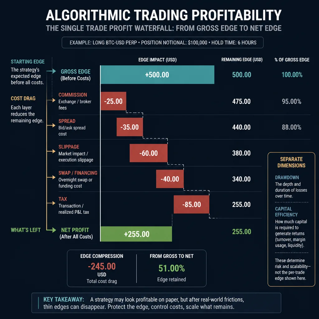 Layered diagram of one trade showing gross edge at the top and deductions below for commission, spread, slippage, swap, and tax, ending with a much smaller net profit bar.
