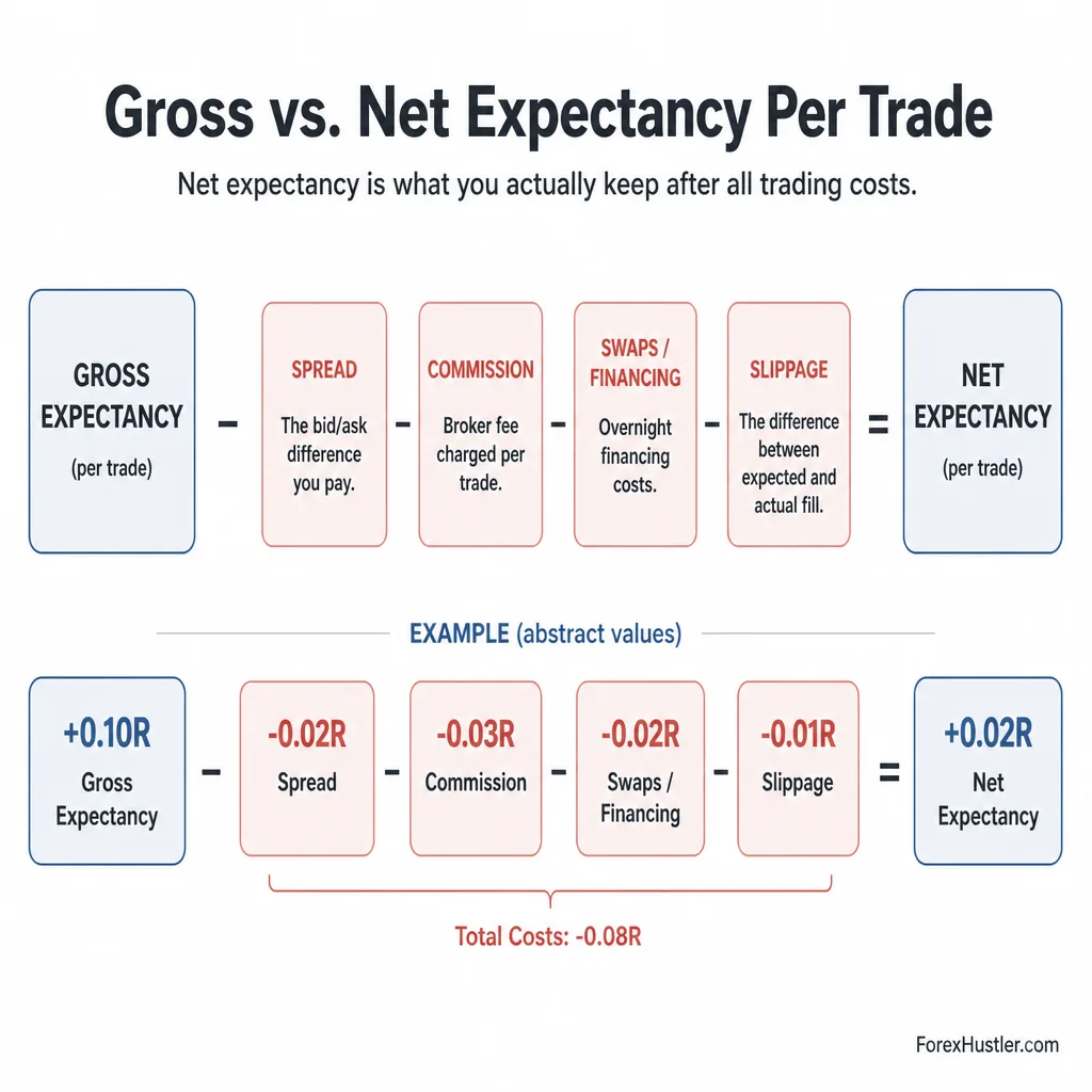 Clean comparison diagram showing gross expectancy reduced by spread, commission, swaps, and slippage to reach net expectancy per trade.