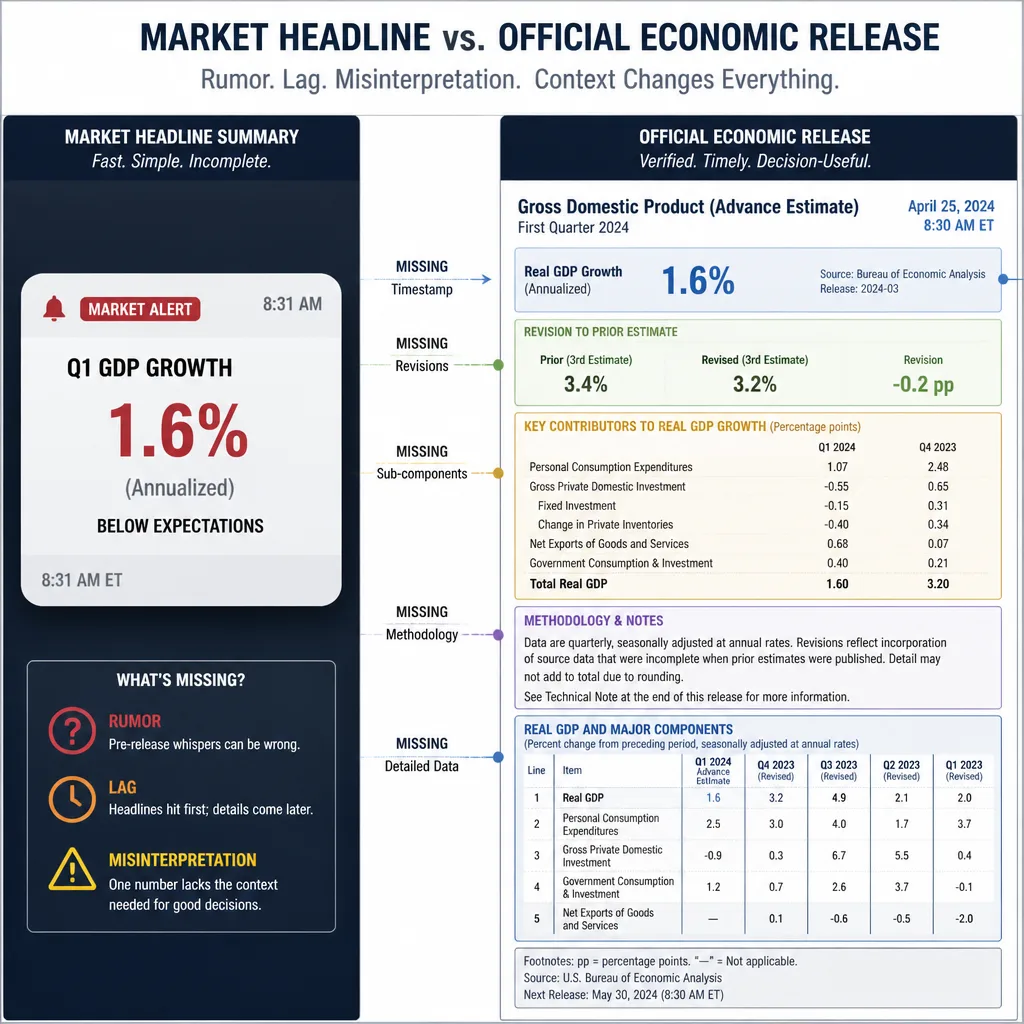 Comparison diagram with a fast headline card on one side and a full official release page on the other, showing missing details such as revisions, internals, and methodology.