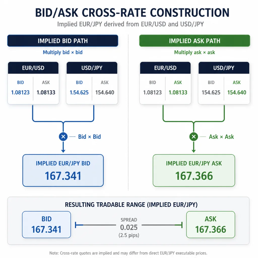 Bid and ask calculation flow for implied EUR/JPY using EUR/USD and USD/JPY, with separate paths for implied bid and implied ask.