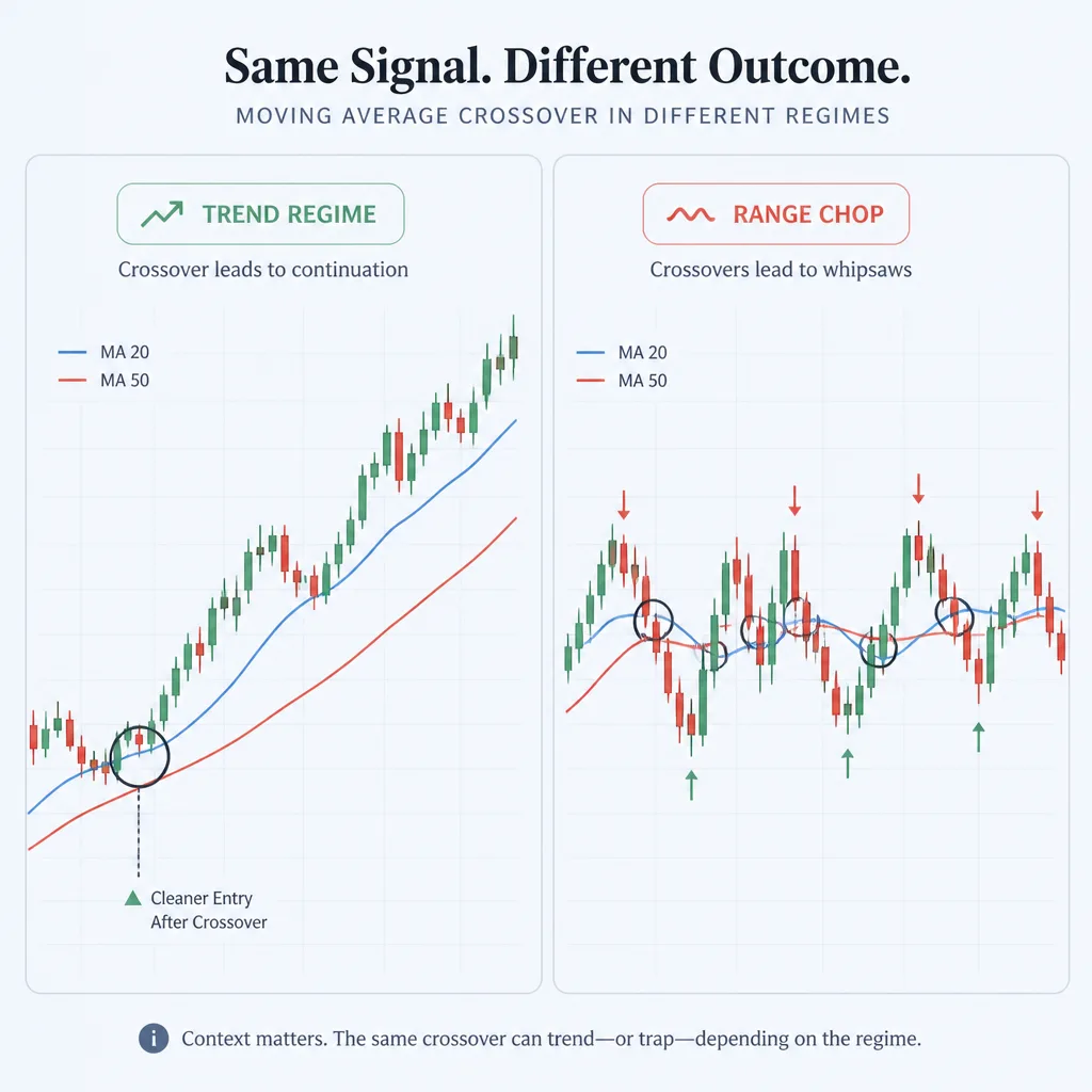 Annotated chart comparing an indicator crossover in a trending market versus a choppy ranging market