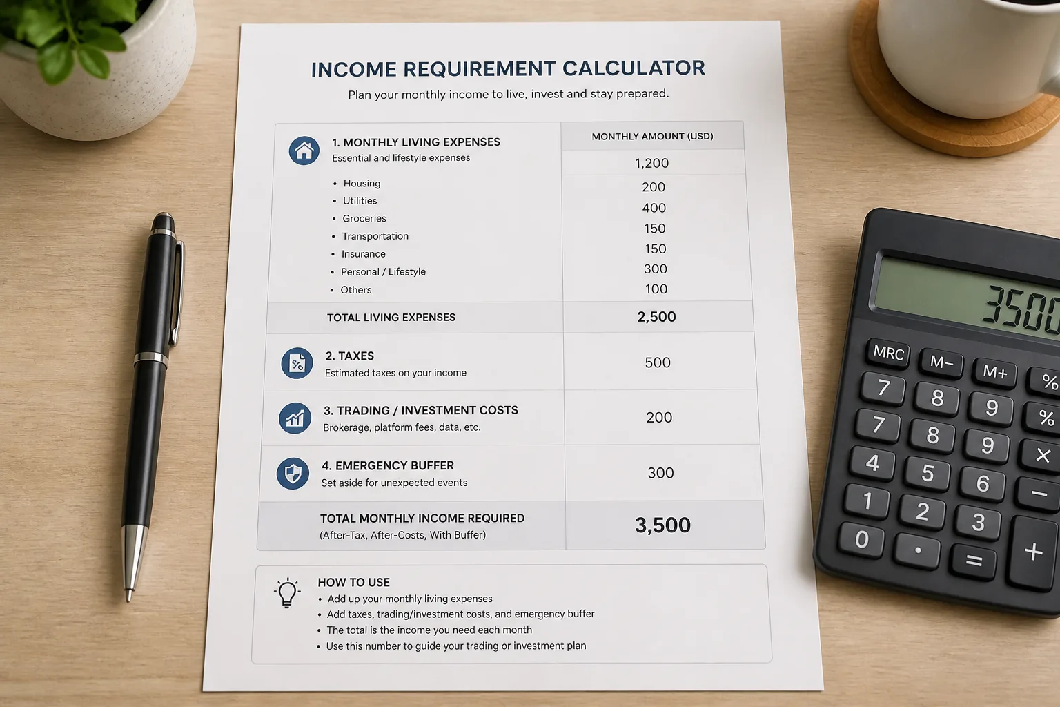Clean financial planning worksheet showing monthly expenses, taxes, trading costs, and required net income in a structured layout