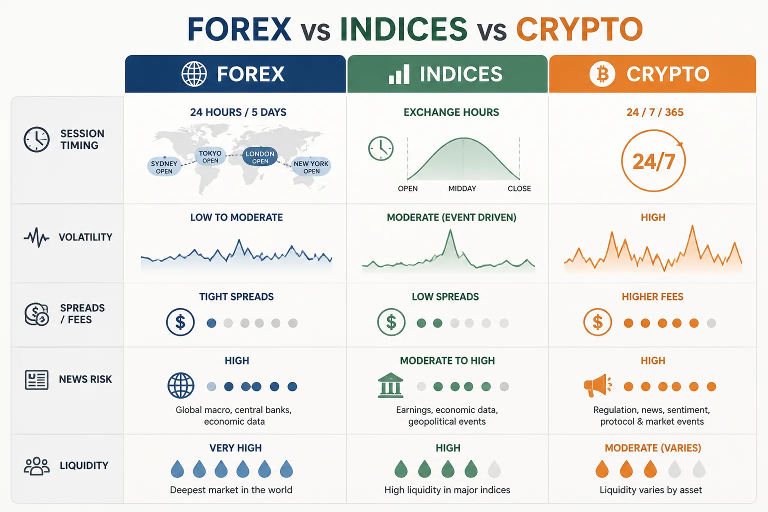 Three-panel visual comparison of forex, indices, and crypto by session timing, volatility, costs, news risk, and liquidity