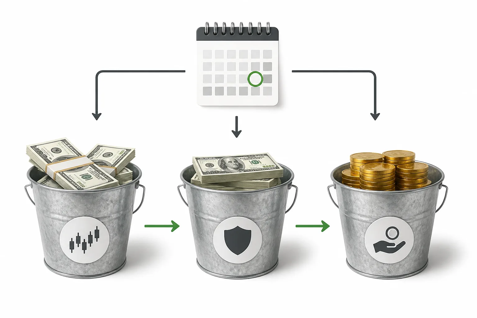 Simple monthly withdrawal framework illustrated as three buckets for operating capital, reserve, and withdrawable profits