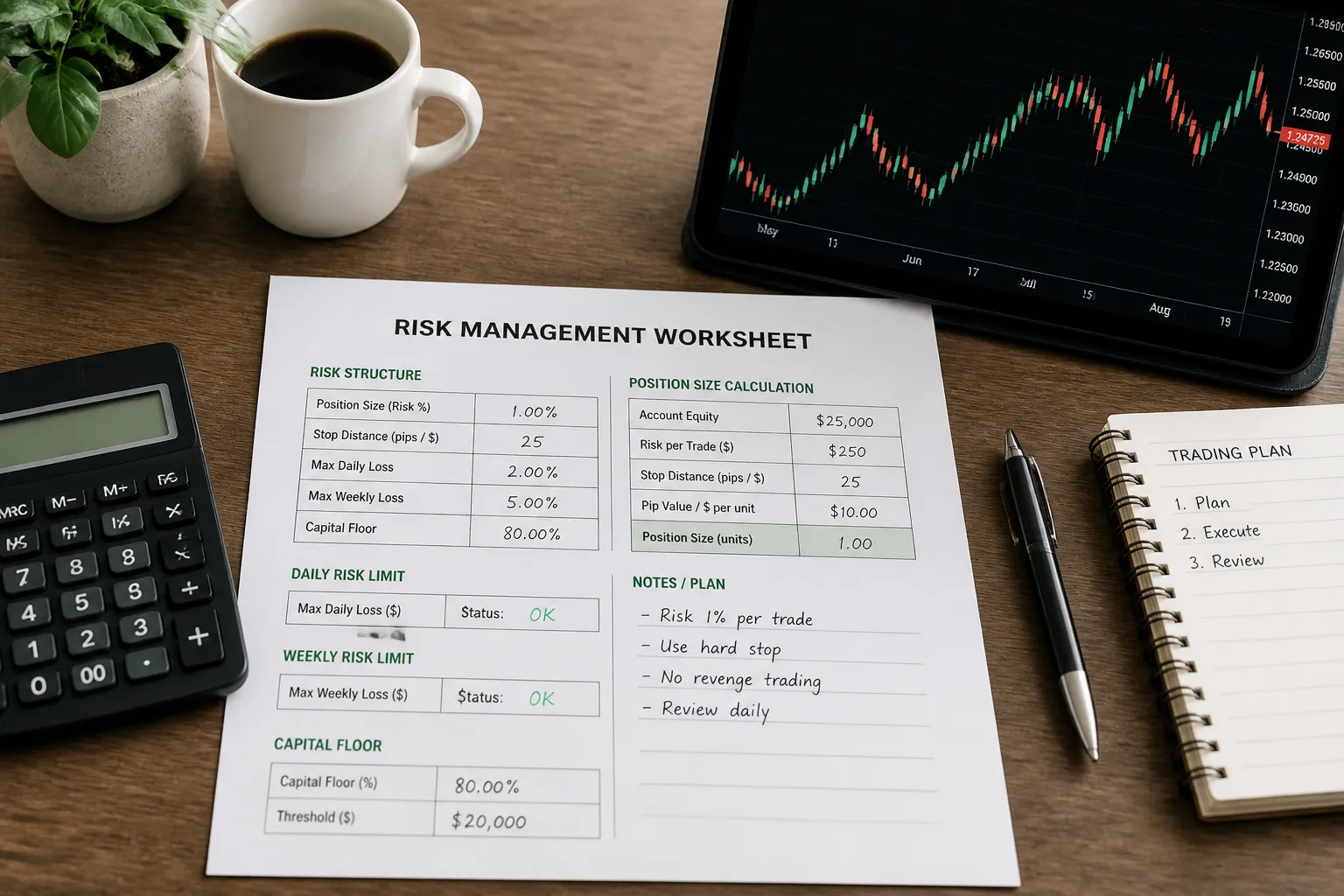 Risk control worksheet showing position sizing, max daily loss, and max weekly loss limits beside a trading chart