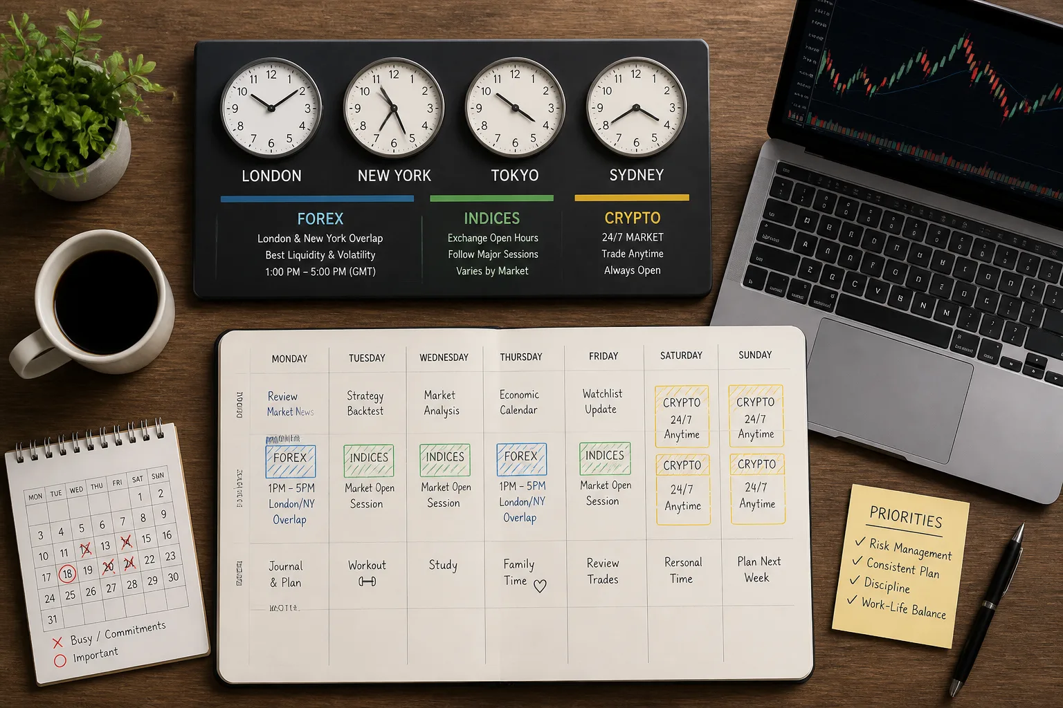 Clock-based lifestyle trading visual showing different trading windows aligned with London, New York, and 24-7 crypto access