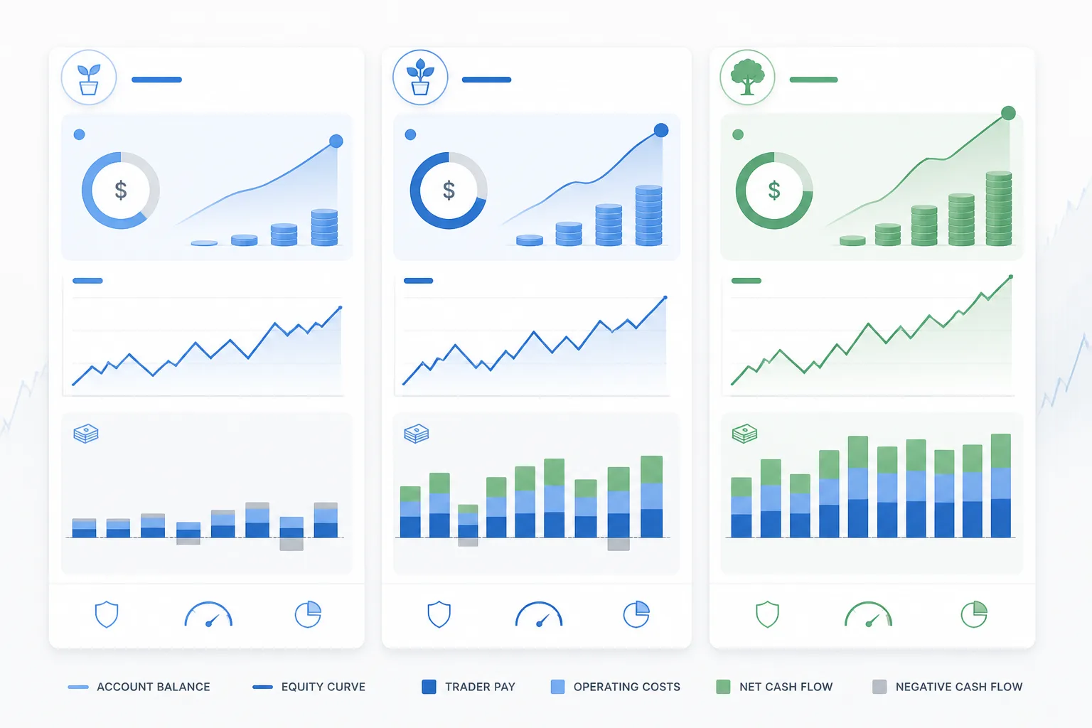 Three account size scenarios displayed as separate visual cards for small, medium, and large trading capital with different income outcomes