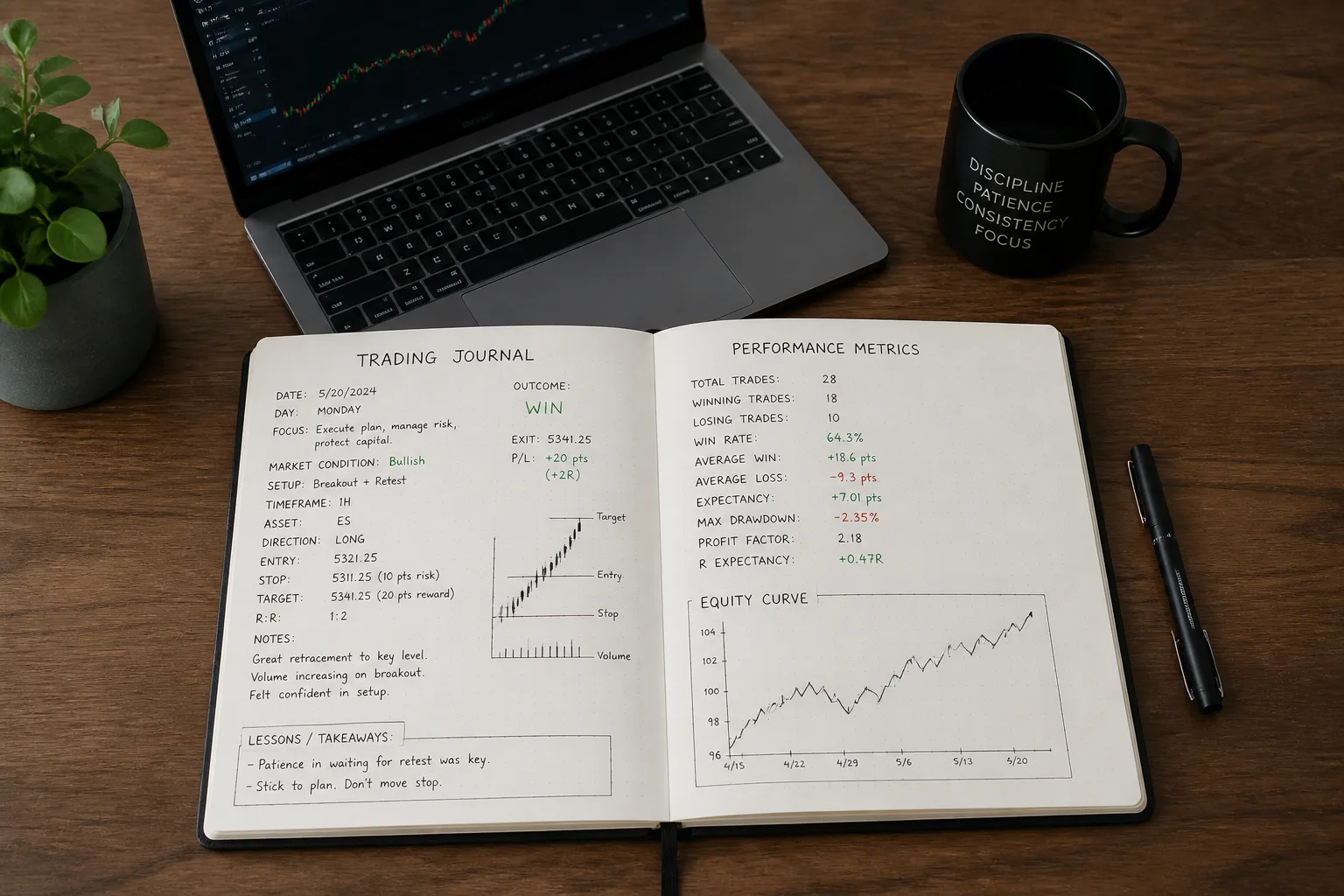 Trader's performance journal with equity curve, win rate, average win and loss notes, illustrating expectancy and consistency review