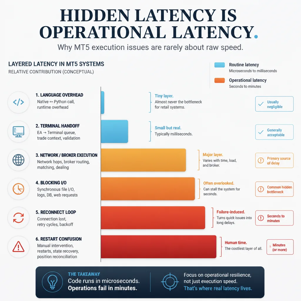 Comparison graphic contrasting microsecond-level language overhead with much larger real-world delays from retries, blocking calls, frozen processes, and reconnect loops.