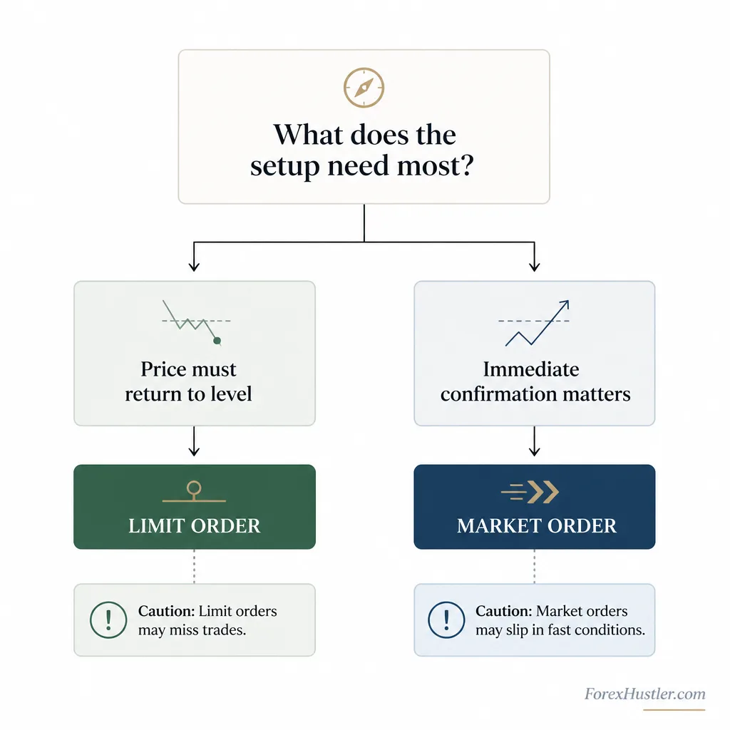 Decision flowchart for choosing between market order and limit order based on pullback entries, breakout confirmation, and execution urgency