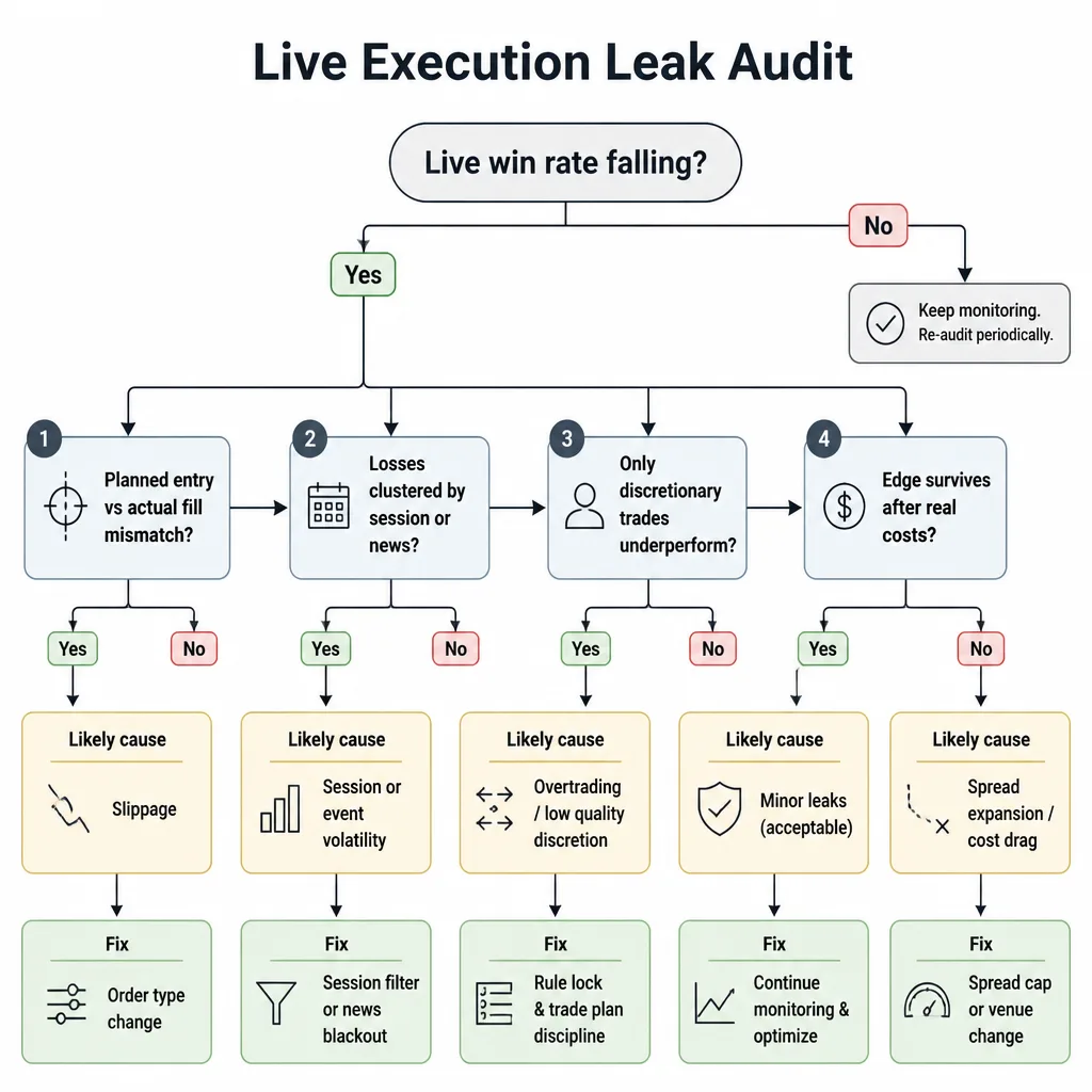 Flowchart for diagnosing whether live trading losses come from execution, market conditions, or trader behavior