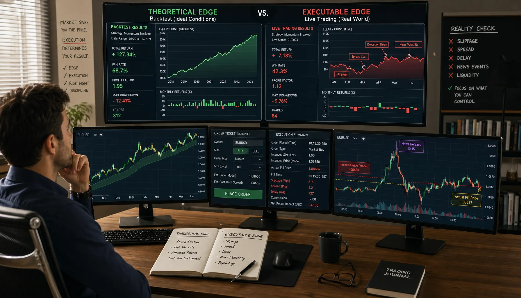 Trader comparing backtest win rate with lower live trading win rate while execution leaks appear between signal and fill