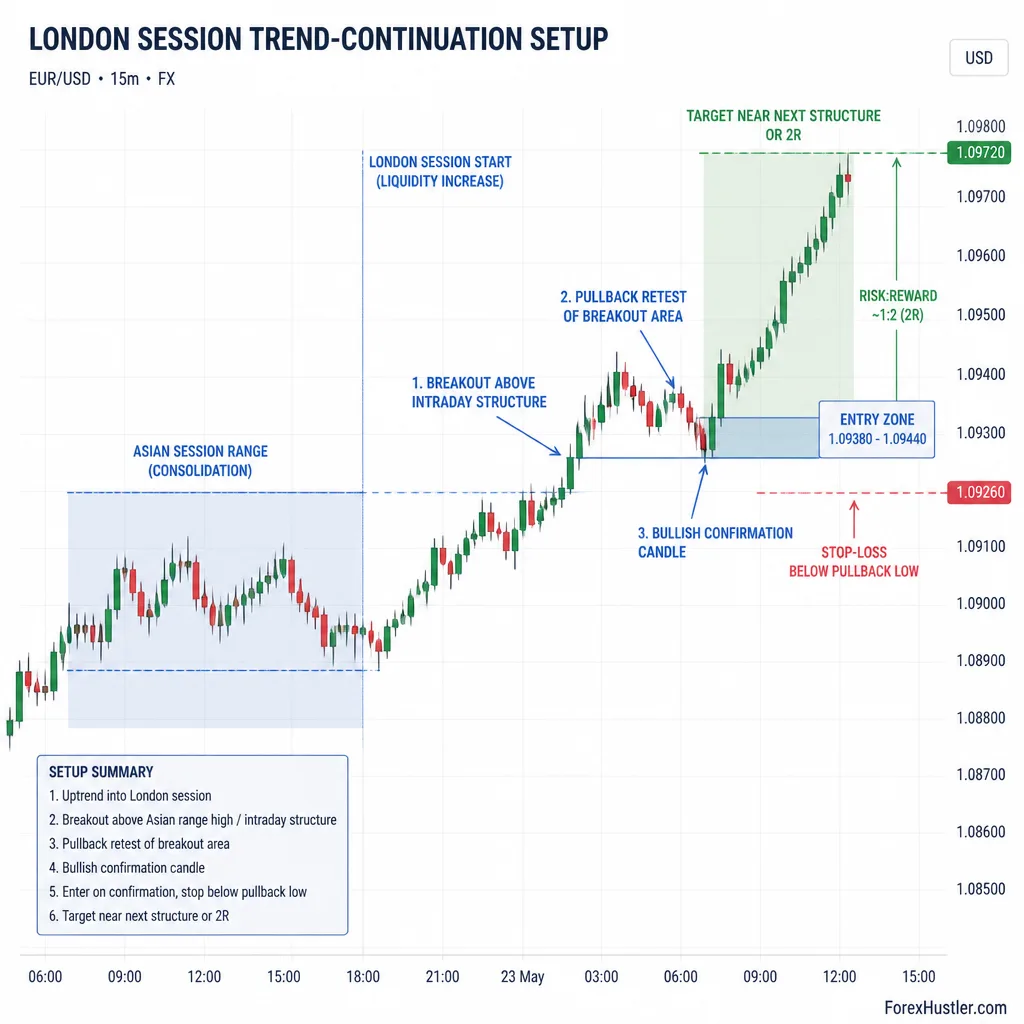 Annotated forex chart illustrating a London session trend-continuation setup with breakout, pullback retest, confirmation candle, stop area, and target