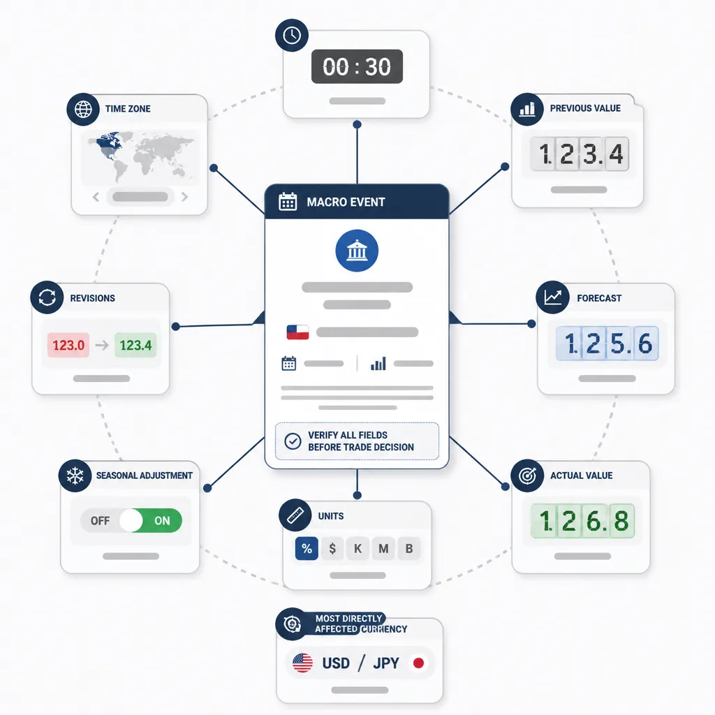 Verification checklist diagram showing release time, time zone, previous, forecast, actual, units, revisions, seasonal adjustment, and affected currency connected around one event card.