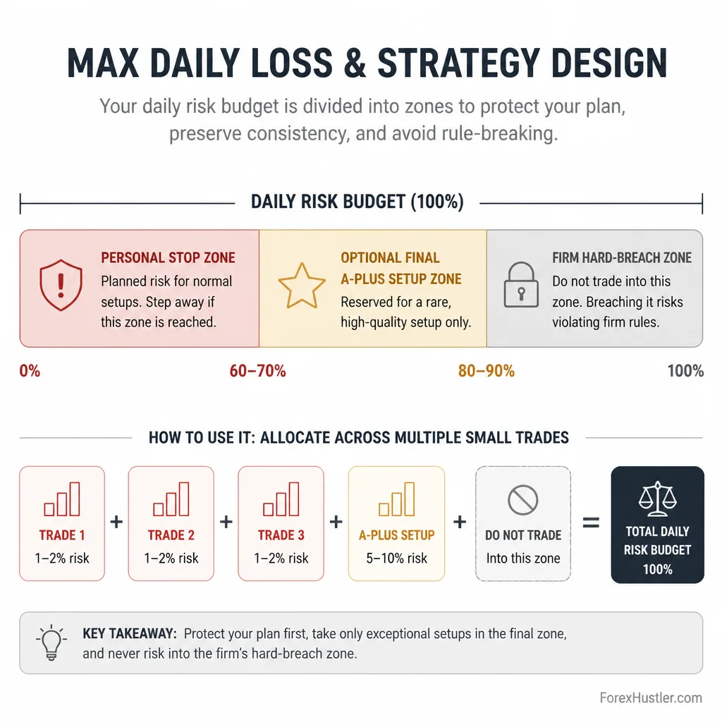Simple risk budget diagram showing a daily loss cap divided into smaller portions for risk per trade, stop trading threshold, and remaining buffer