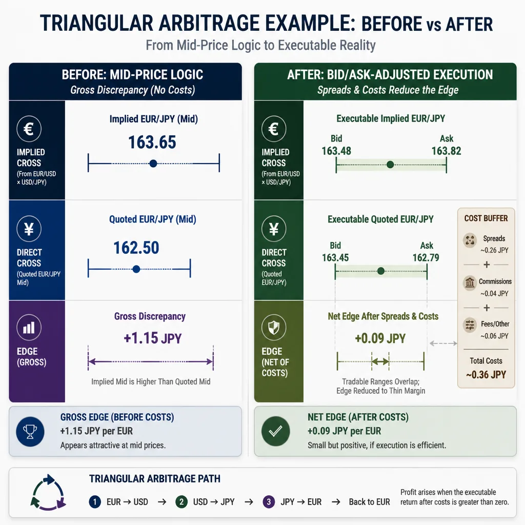 Comparison table-style visual showing a mid-price mismatch that looks profitable and a bid-ask-adjusted version where most of the edge disappears after costs.