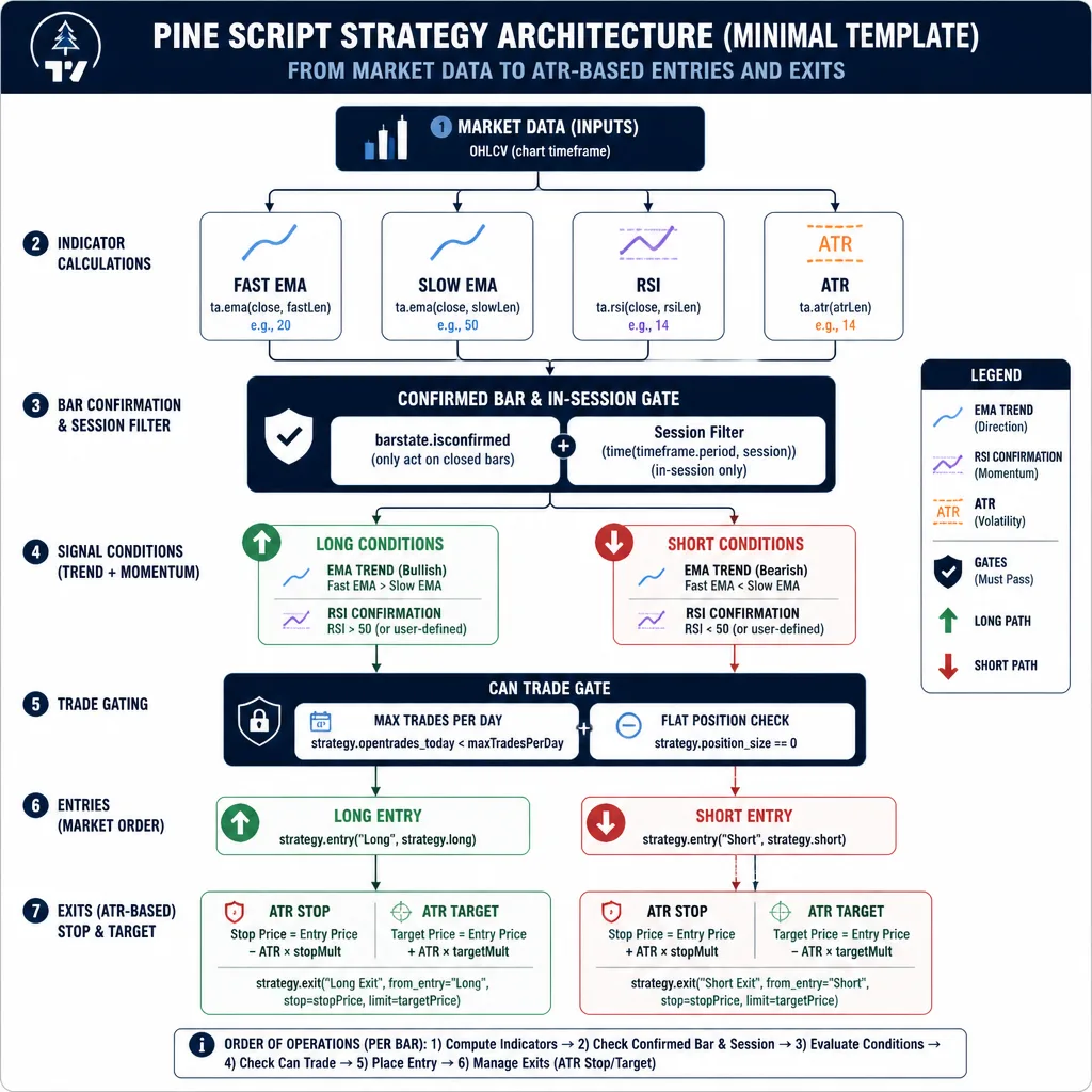 Minimal Pine Script strategy flowchart from EMA and RSI conditions through confirmed bar check to entries and ATR exits