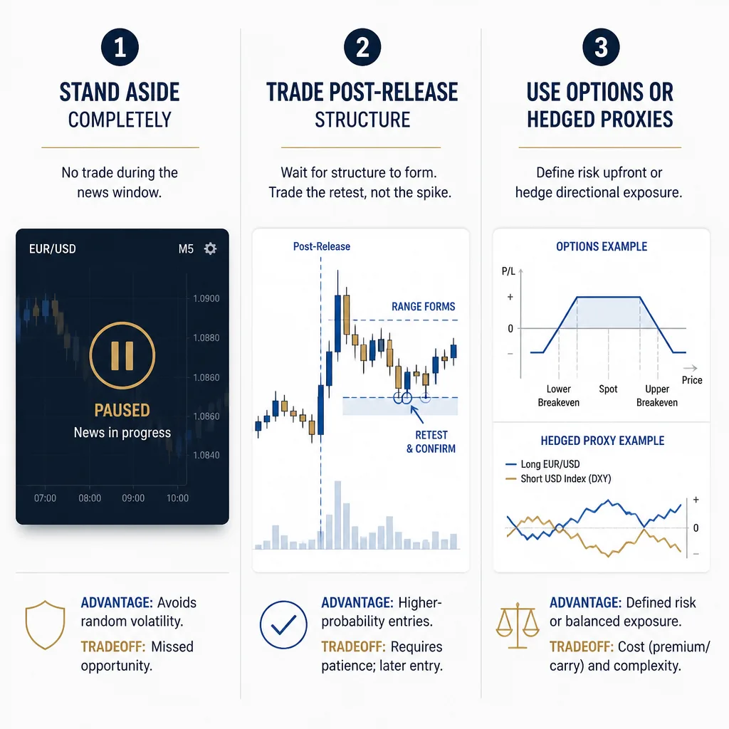 Three-panel comparison graphic showing stand aside, wait for post-release structure, and use options or hedged proxies as different ways to handle major forex news events