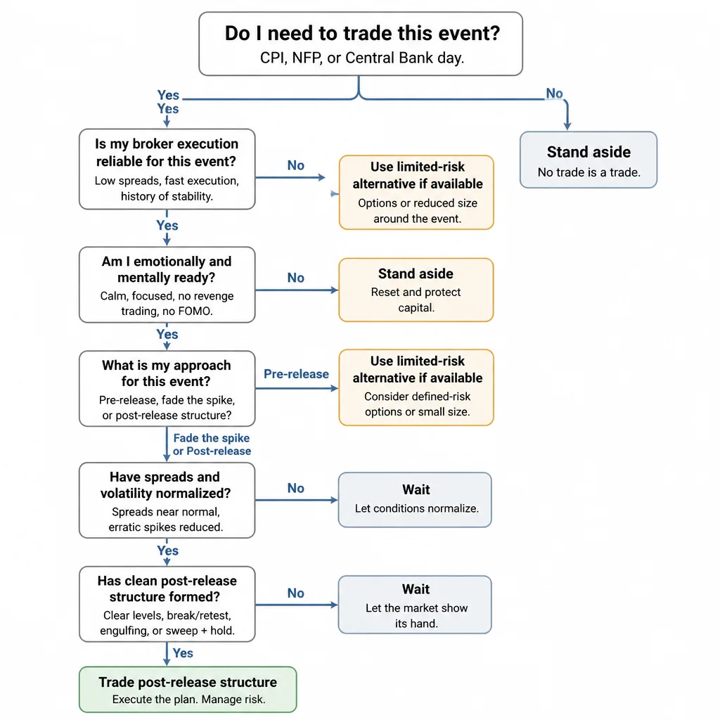 Simple decision tree diagram for trading around CPI, NFP, and central bank days, starting with whether the event needs to be traded and ending with stand aside, wait, or trade only if clean structure forms