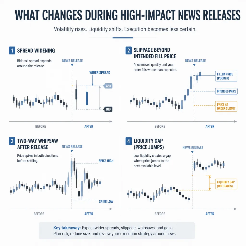 Clean annotated chart illustrating four common news-day execution problems: spread widening, slippage past an intended price, a two-way whipsaw, and a small liquidity gap