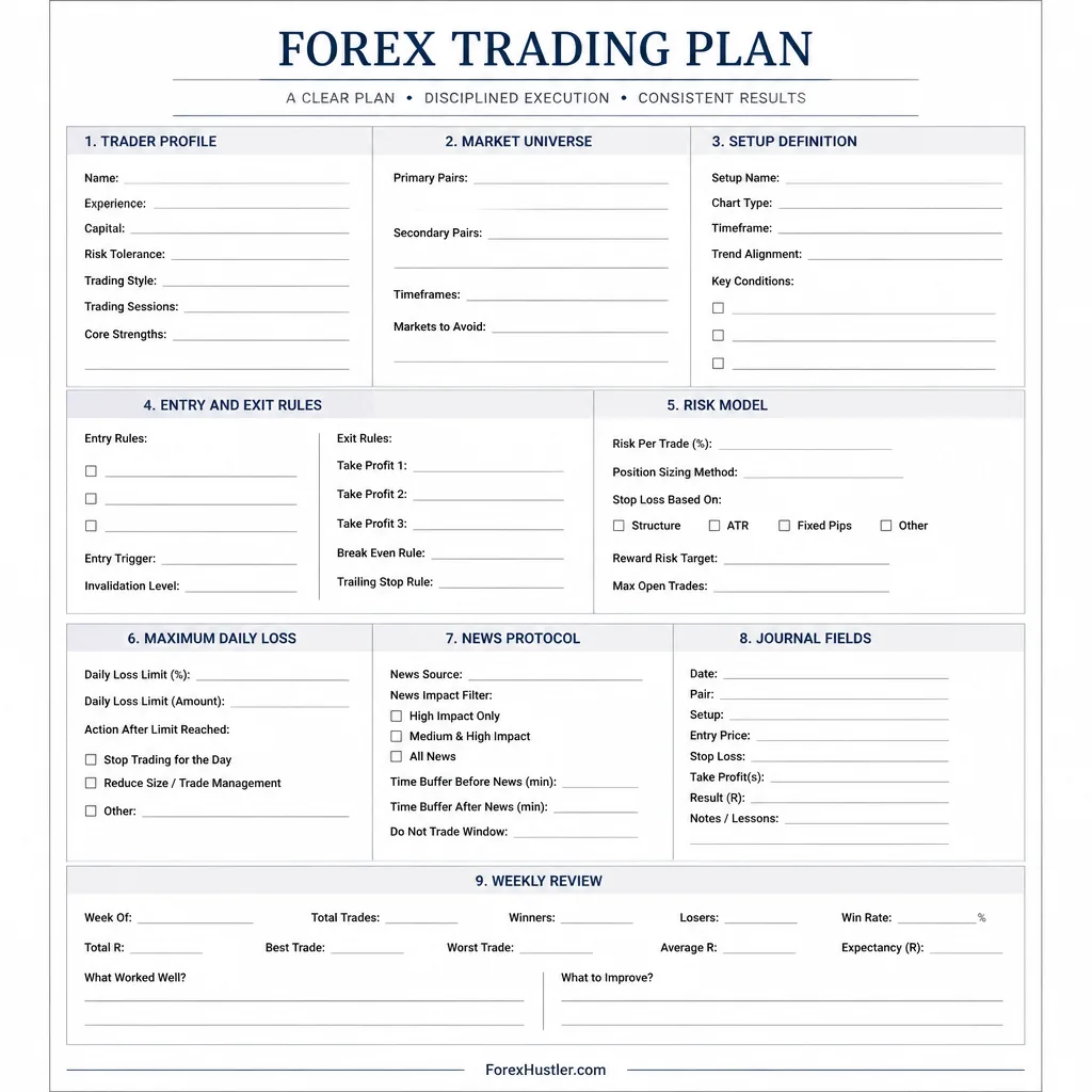 Clean one-page forex trading plan template laid out as labeled sections for trader profile, market universe, setup rules, risk, daily stop, news, journal, and weekly review
