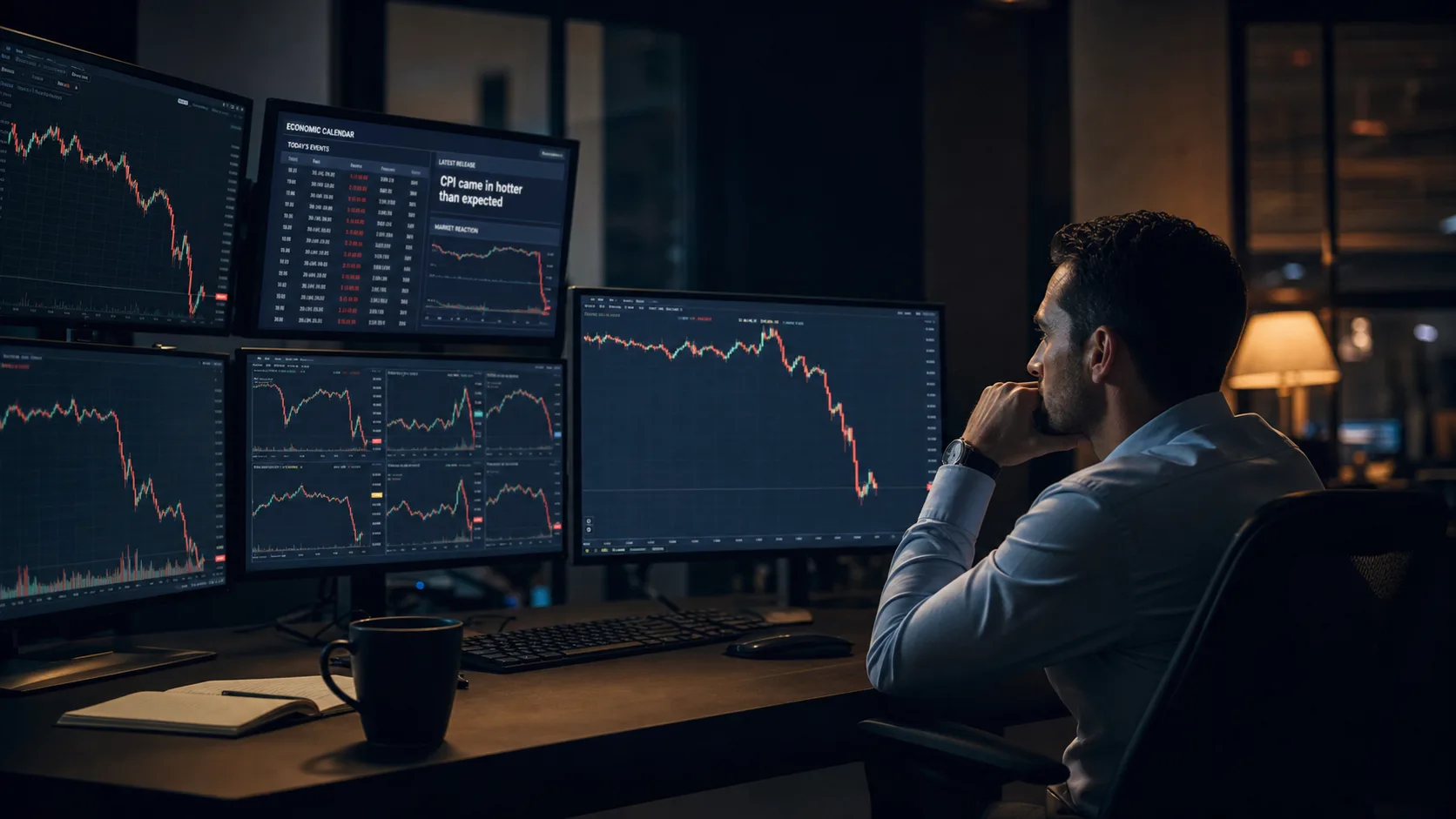 Trading desk with multiple market charts during a major U.S. economic release, showing sharp volatility and a trader waiting rather than reacting instantly