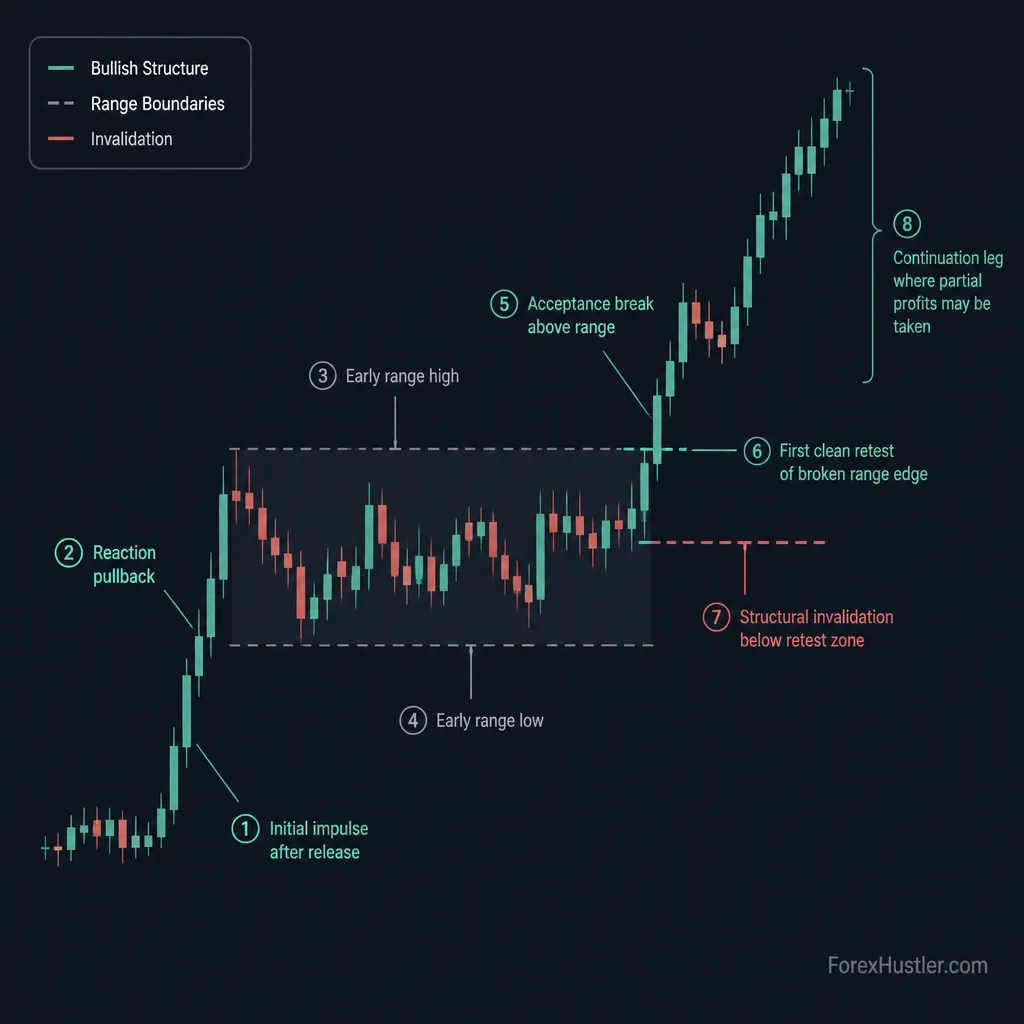 Annotated price chart showing initial news spike, reaction, early range high and low, breakout hold, retest, invalidation, and continuation