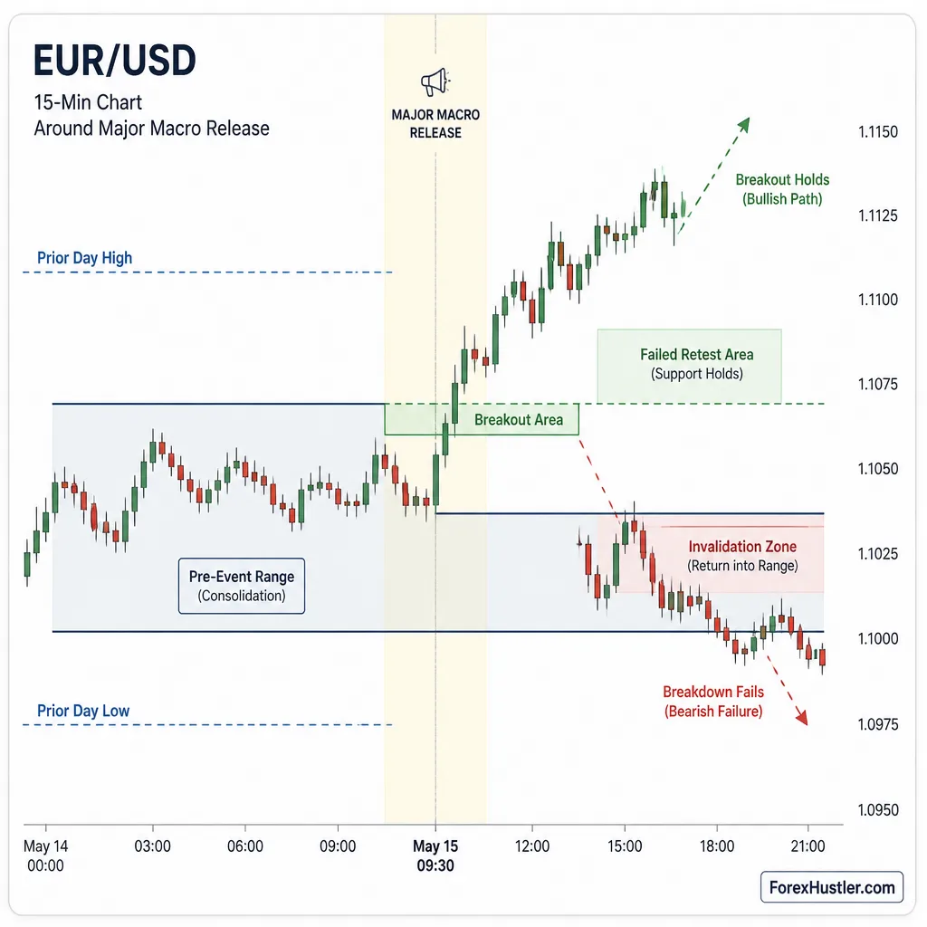 Annotated forex chart highlighting pre-event range, prior highs and lows, breakout hold, failed retest, and invalidation zone around a macro release